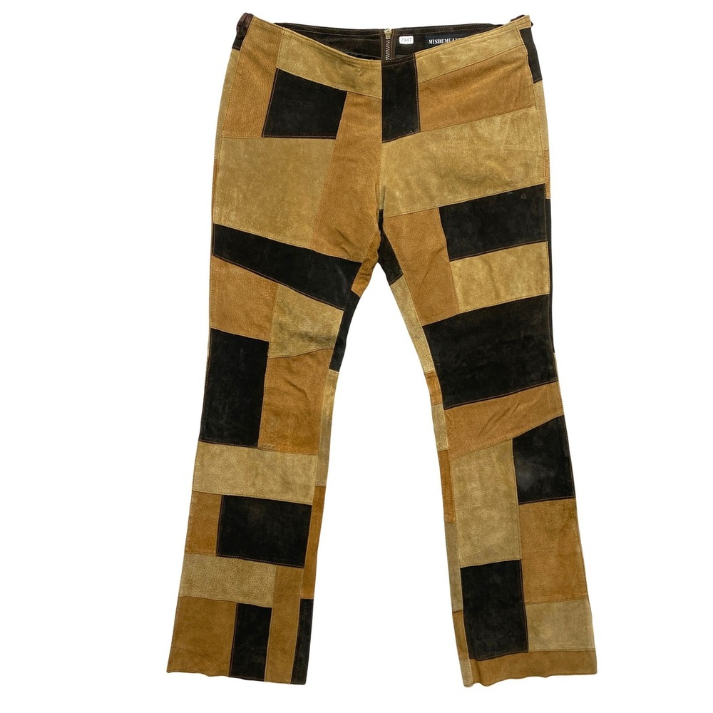 MISDEMEANOR Leather Flare Pants Womens Size 11 12 Tan Brown Patchwork Suede